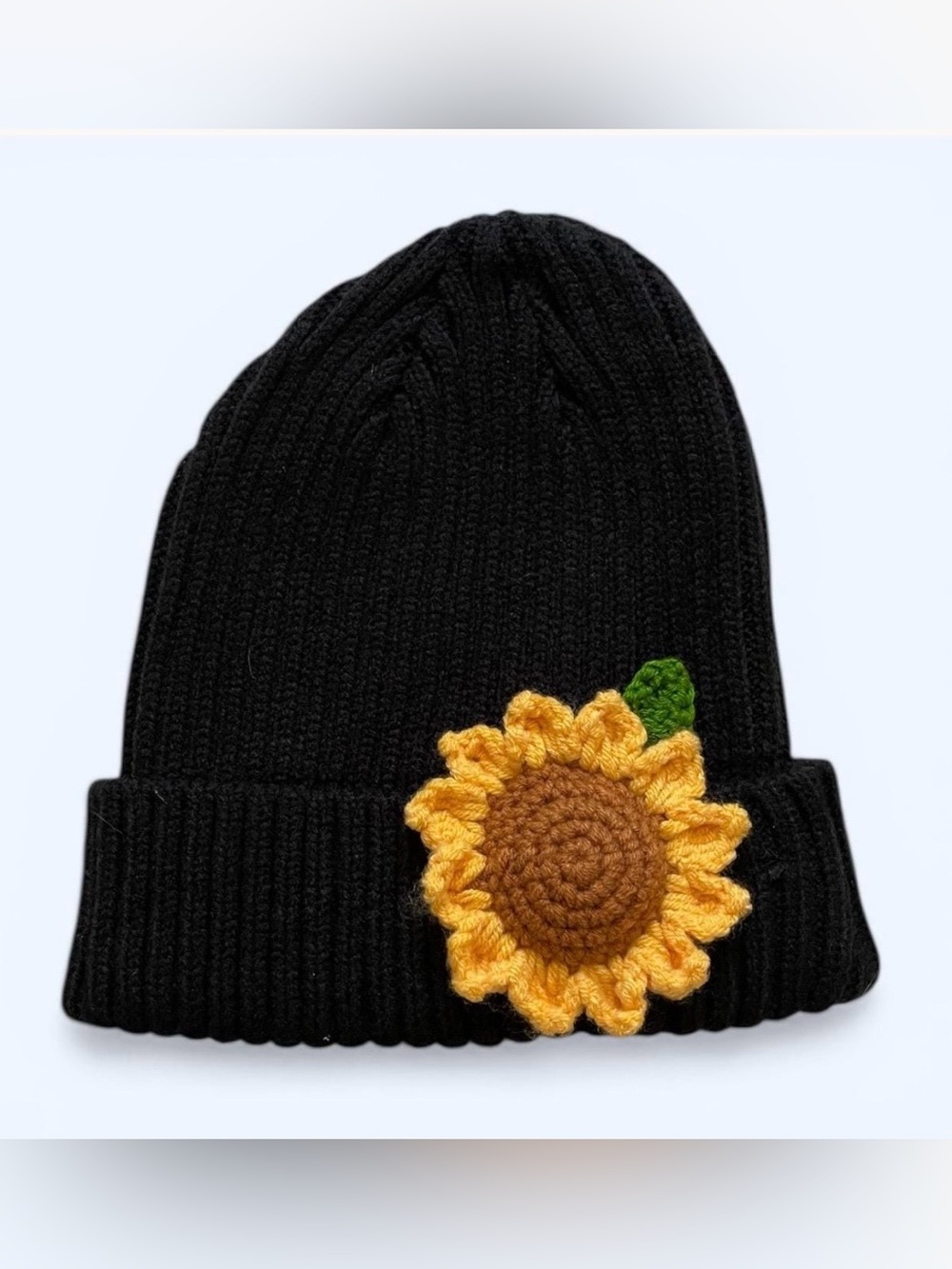 Black Knit Beanie with Sunflower